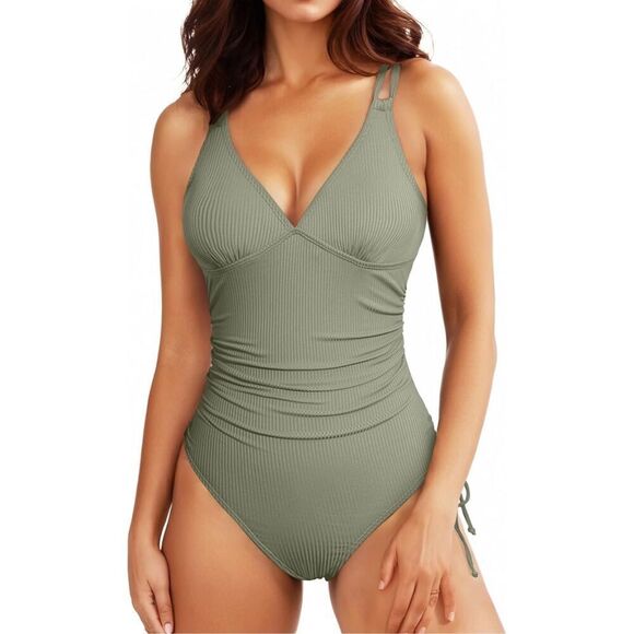 NEW Ribbed 1 Pc Swimsuit Ruched Tummy Control Bathing Suit Tie Side XL - Picture 1 of 8